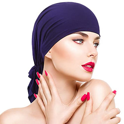 4 Pieces Slip-On Pre-Tied Head Scarves Women Headwear Turban Beanie Caps Head Wrap Headscarf for Women - color: Purple, Navy Blue, Wine Red, Black