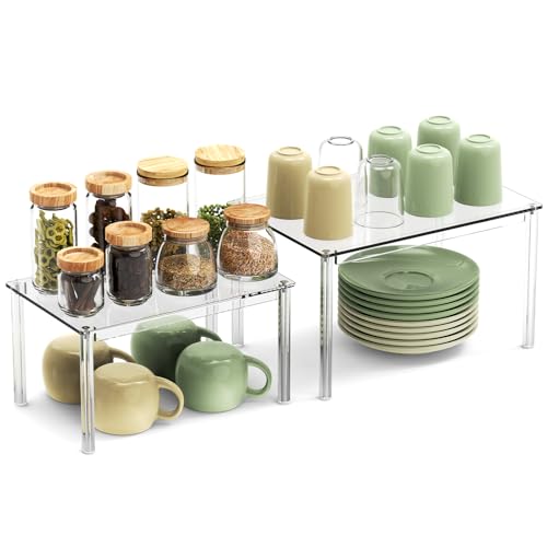 2Pack Acrylic Cabinet Organizer, Clear Cabinet Organizer Shelf, Spice Rack Organizer for Cabinet for Dishes, Spices, Soda Cans and Bottles, Stackable Shelves House Essentials for Gift