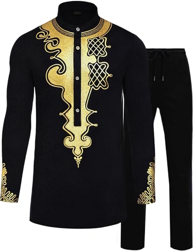African Suits for Men African Outfits Dashiki Metallic Printed Suit - color: Black Gold, size: Large