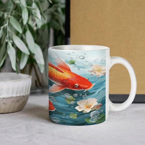 Japanese Pretty Red Carp Fish Ceramic Coffee Cups with Handle,Porcelain Coffee Mugs for Men Women Tea Cup for Cappuccino Latte Mocha Milk Macchiato Cafe