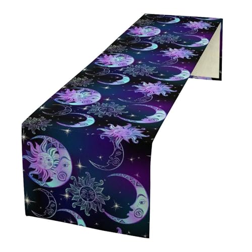 Fantasy Sun Moon Table Runner, Purple Blue Burning Sun Moon Stars Starry Sky Galaxy Celestial Kitchen Dinning Table Runners for Indoor Outdoor Home Wedding Party Holiday Decor, 13x36 Inch - color: Sun Moon-4, size: 13"W x 36"L