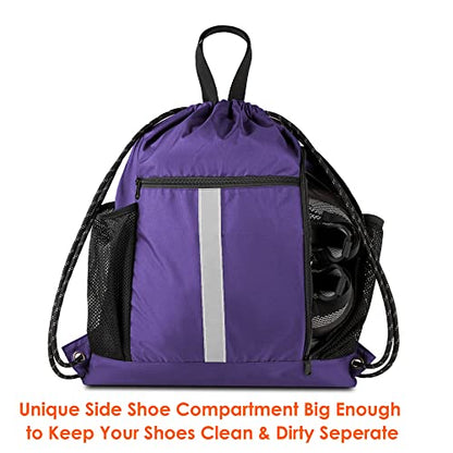 BeeGreen Purple String Bag Sack Gym Backpack with Shoe Compartment and Two Water Bottle Holder for Men Women Lightweight Durable Drawstring Cinch Sackpack - color: Purple, style: Drawstring With Shoe Compartment
