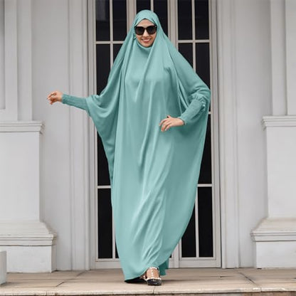 IDOPIP Muslim Abaya for Women One Piece Long Sleeve Islamic Prayer Dress with Hooded Hijab Maxi Kaftan Robe Modest Clothes - color: Light Green