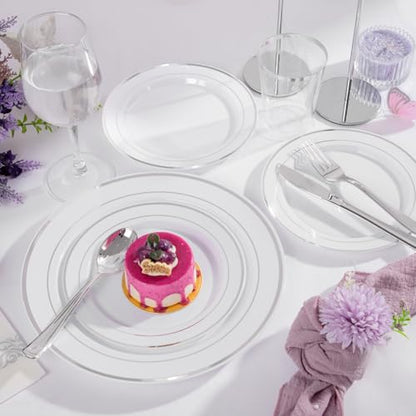 Supernal 200pcs Silver Plastic Dinnerware Sets for 25 Guests included Silver Silverware Set & Plastic Plates heavy duty Disposable Cups and Paper Napkins Disposable for Party Birthday and Wedding - color: 200pcs White and Silver Plastic Dinnerware