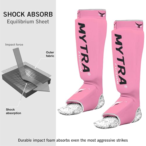 Mytra Fusion Shin Pads Instep Protector Kick Boxing Muay Thai Training Elasticated shin Guards - color: Pink, size: Small-Medium