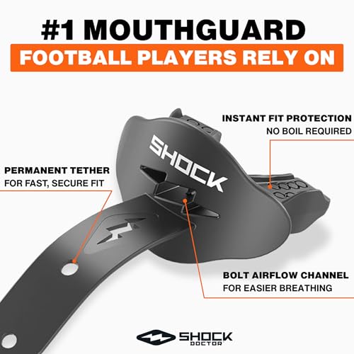 Shock Doctor Bolt Lipguard, Adult Mouth Guard Football with Strap. Mouthguard One Size Fits All - color: Red