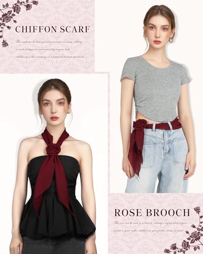 Chiffon Scarf for Women, Removable Flower Neck Scarf Light Soft Fashion Rose Scarves Versatile Headband or Hair Band - color: Burgundy