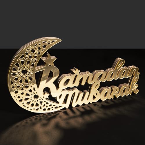 Wooden Acrylic Ramadan Mubarak Sign, Gold Ramadan Decorations For Home 2026, Eid Kareem Crescent Wood Moon Stand Table Centerpiece Office Desk Mosque Decor, Islamic Muslim Gifts
