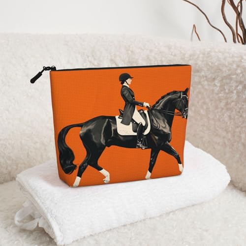 Equestrian Rider On Black Horse Fake Hemp Makeup Bag Travel Bags Toiletry Pouch With Zipper 9.45 X 6.7 In - color: Equestrian Rider On Black Horse
