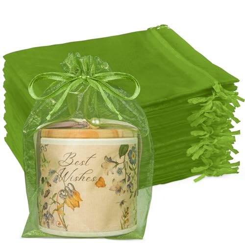 Crweety 100Pcs Large Green Organza Bags 6x9, Small Mesh Gift Bag Drawstring - color: Olive Green