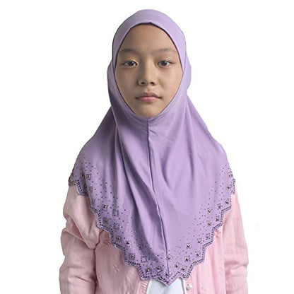 Girls Hijab with Rhinestones – Sparkly Non-Slip Amira Scarf for Kids, for Daily Prayer, School, Ramadan & Eid (Ages 4-12) - color: Lavender
