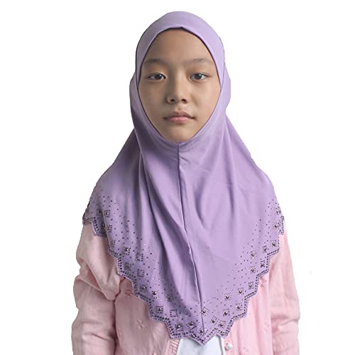 Girls Hijab with Rhinestones – Sparkly Non-Slip Amira Scarf for Kids, for Daily Prayer, School, Ramadan & Eid (Ages 4-12) - color: Lavender