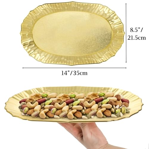 AVLA 6 Pack Plastic Serving Tray, Gold Serving Platter Set, Reusable Party Snack Serving Tray, Decorative Food Appetizer Platters for Dessert Table, Cupcake, Charcuterie, Cookies, 14" x 8.5"