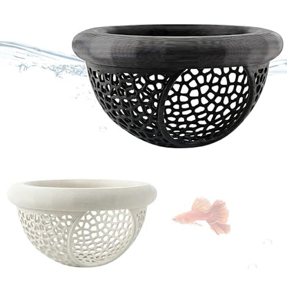 Floating Feeding Ring 2 Pack Cost Effective Combo Fry Hideout Set | Mesh plastic tank ornaments fit nano shrimp habitat to stop food waste. Black 3.93x2.21" & white 2.75x1.57" cave