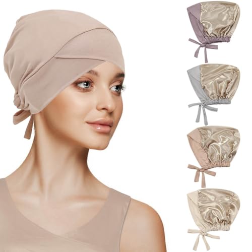 4 Pcs Satin Lined Muslim Inner Hijab Cap for Women Cross Tie Back Hijab Undercap Inner Underscarf Turban Hat - color: Cross Purple Light Grey Flesh Pink Beige