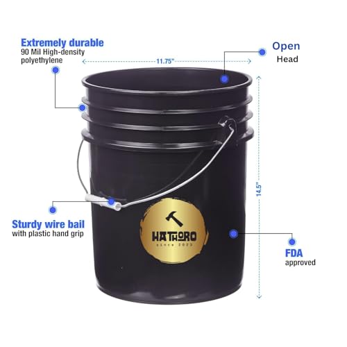 5 Gallon Food Grade Plastic Bucket, Open Head Pail with Handle, 12-3/8 in Diameter x 14-3/4 in Height (Black, 2 Pack) - color: Black, size: 2 Pack