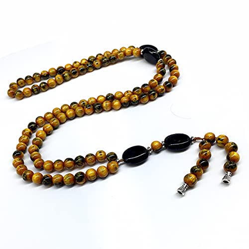 -8MM -99 Beads Necklace DHIKR TASBIH Collection- Imitation Acrylic Muslim Beads-Tesbih-Tasbih-Tasbeeh-Misbaha-Masbaha-Subha-Sebha (Yellow-Black-2) - color: Yellow-Black-2