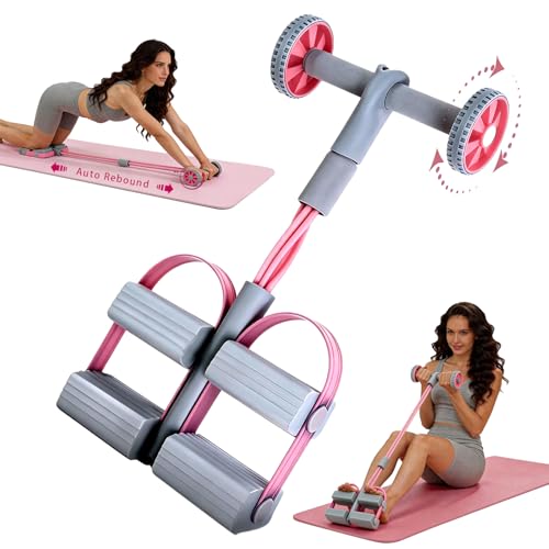 Resistance Bands with Handles, 6 Tube Pedal Resistance Band for Exercise, Dual Pedal Adjustable Resistance, Ab Roller Handle Full Body Home Workout Equipment for Abs, Legs, Arms, Women - color: PINK