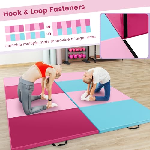 Goplus Folding Gymnastics Mat, 10’ x 4’ x 2’’ Thick Tumbling Mats with PU Leather, Hook & Loop Fasteners, Portable Handles, 4-Panel Exercise Mat for Home Gym Workouts, Yoga - color: Rose+Pink