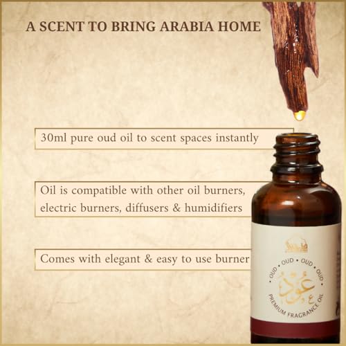 Dukhni Oud & Musk Gift Set | 30ml Oud Diffuser Oil, 6ml Misk Rijali Attar, Wrought Iron Burner, Brass Bowl, Wooden Coaster & Tea Light Candle | Perfect for Ramadan & Eid Gifting