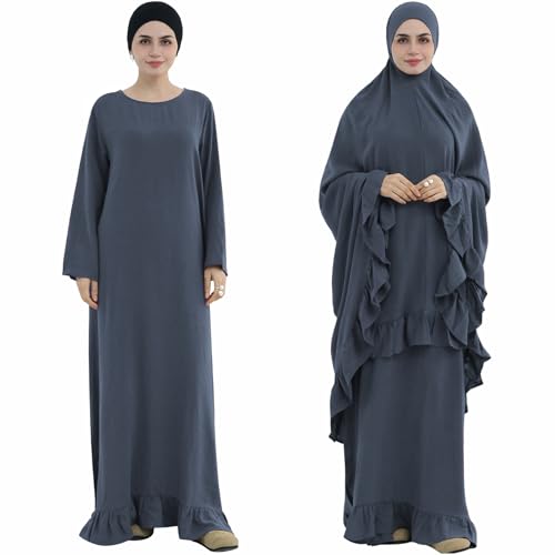 2PCS Women Muslim Prayer Abaya Dress Ruffle Trim Side Pockets with Khimar - color: Dark Gray, size: Medium