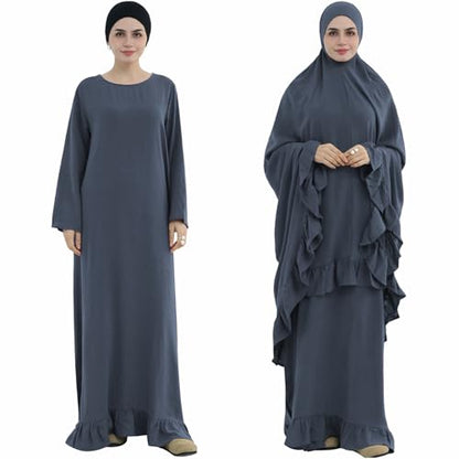 2PCS Women Muslim Prayer Abaya Dress Ruffle Trim Side Pockets with Khimar - color: Dark Gray, size: Medium