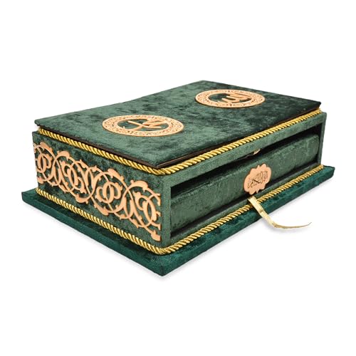 Quran Book with Wooden Rahle Stand – Green Hardcover Islamic Gift Set for Eid, Ramadan, Muslim Men & Women - color: Green