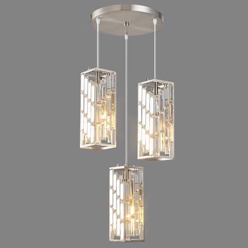 Brushed Nickel Pendant Lighting Modern Pendant Light, Mini Crystal Chandeliers,Adjustable Pendant Light Fixture for Kitchen Island Dinning Room Bedroom (3 Light) - color: Nickel, size: 3-Light
