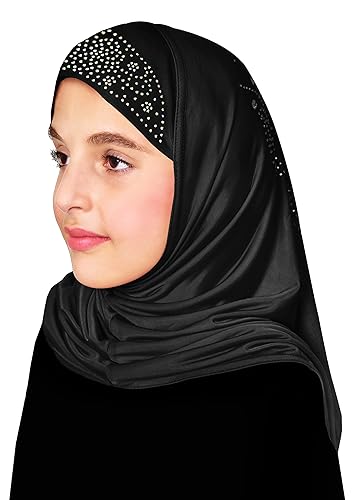 Aiyah Hijab for Girl's 1 piece Elastane-Spandex Amira Head Scarf with Rhinestones Easy Pull-on Headscarf - color: Medium - Black, size: Medium