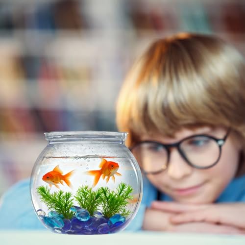 Arrowbash 12 Pcs Mini Plastic Fish Bowl 27 oz with 900 Pcs Mixed Flat Glass Marbles Plastic Shatterproof Aquarium Starter Kits Fish Tank for Centerpiece Vases Tabletop Office Desk Pet Tank Home Decor