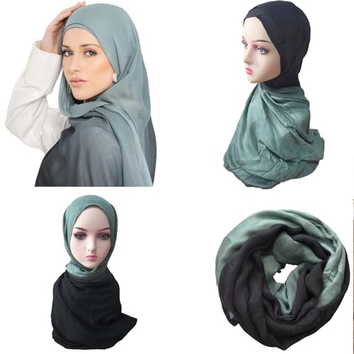Premium Ombre Viscose Hijab Scarf for Women Muslim Lightweight Gradient Color Shade Hair Wraps Long Hijabs Scarves - color: New Green With Black