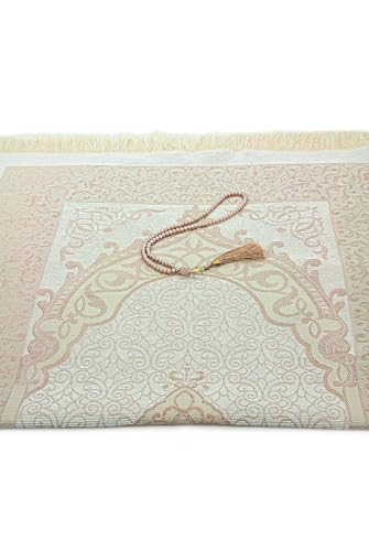 ihvan online Muslim Prayer Rug with 99 Beads Tasbih & Travel Bag, Soft Taffeta Sajadah, Lightweight & Foldable Janamaz, Portable Prayer Mat, Islamic Gift for Eid, Ramadan, Hajj & Umrah, Gold - color: Gold