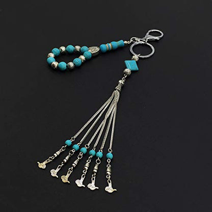 Keychain & Rosary Collection -Car Key Chain-Handbags Holder - color: (10 Mm-turquoise & Metal Beads)