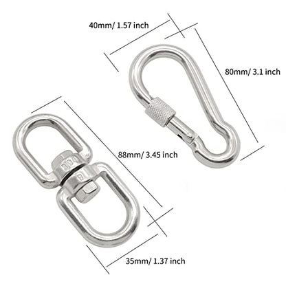 2Pcs M8 304-Stainless Steel Swivel Ring Double Ended Swivel Eye Hook, 2Pcs M8 Spring Hook, for Marine Mooring, Tree Swing, Hammock, Hanging Rotating Device