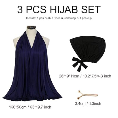 Hijab Scarf for Women, 3PCS Set with Undercap and Hijab Clip Lightweight Modal Muslim Head Wrap Scarf for Daily - color: Sy5-navy Hijab+black Undercap