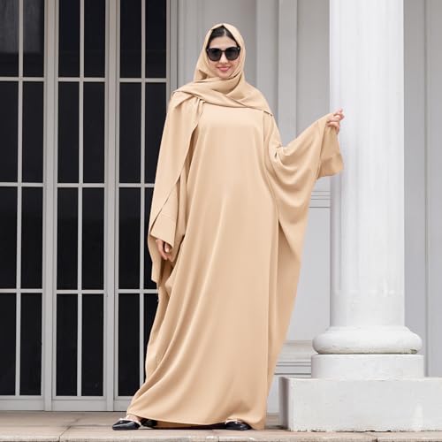 IDOPIP Abayas for Women Muslim Dress with Hijab, One-Piece Long Sleeve Islamic Prayer Dress with Khimar Jilbab Kaftan Clothes - color: Apricot + Hijab