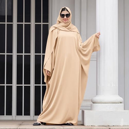 IDOPIP Abayas for Women Muslim Dress with Hijab, One-Piece Long Sleeve Islamic Prayer Dress with Khimar Jilbab Kaftan Clothes - color: Apricot + Hijab
