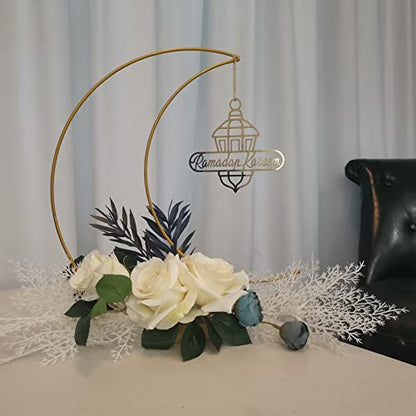 Ramadan Kareem Decorations, Artificial Moon Shape Wreaths Table Decor with Castle Sign, Ramadan Mubarak Metal Rings Floral Ornaments, for Home Desk Fireplace Party Supplies