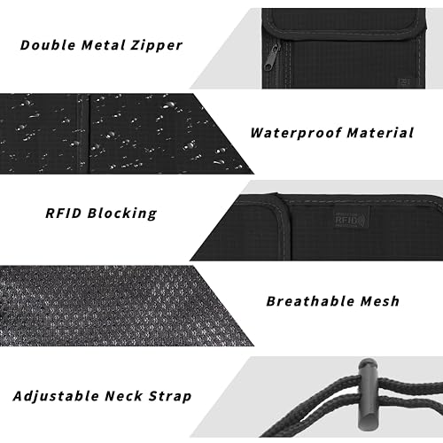 Travel Neck Wallet with RFID Blocking – Passport Holder Organizer Neck Pouch – Portable Easy to Conceal Travel Pouch (Black) - color: Black