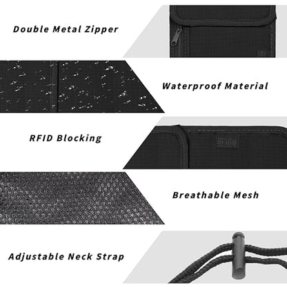 Travel Neck Wallet with RFID Blocking – Passport Holder Organizer Neck Pouch – Portable Easy to Conceal Travel Pouch (Black) - color: Black