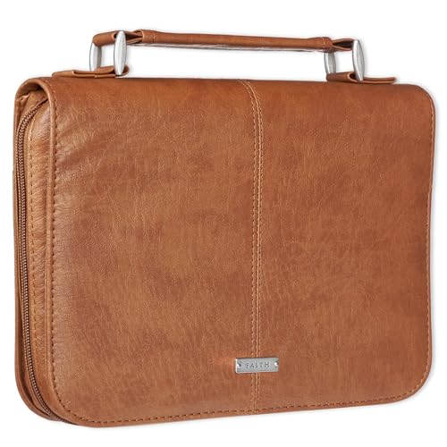 Christian Art Gifts Faux Leather Bible Cover: Faith Sentiment Badge, Brown - size: Medium