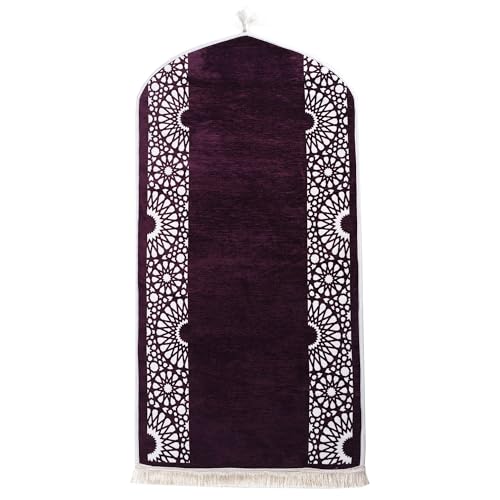 Modefa Turkish Islamic Prayer Mat - Chenille with Foam and Carrying Bag - Intricate Praying Rug Ramadan Eid Gift - Traditional Muslim Janamaz Seccade for Men Women - Mustaqim (Purple) - color: Purple