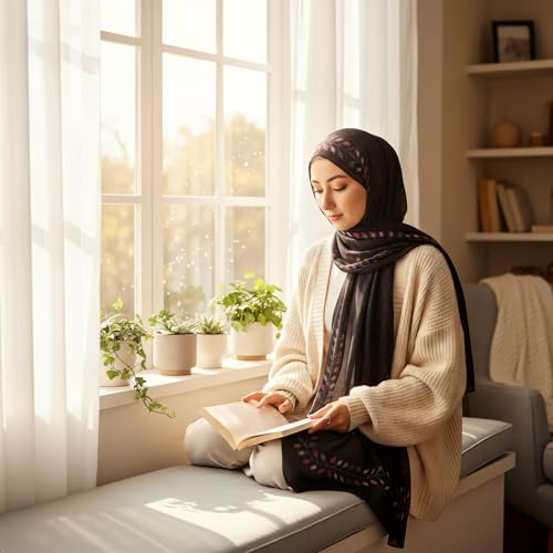 Hijab Modest and Elegant | Beautifully Designed Printed Chiffon Patterns | Muslim Women Head Scarf and Veil - color: Black P