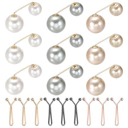 MECCANIXITY Artificial Pearl Brooch Pins, Safety Pins Sweater Shawl Clips for Women, Anti-Exposure Neckline Waist Adjuster for Scarf, T-Shirt, Pants,Multicolor 18pcs, 2 Styles - color: Black,gold,champagne