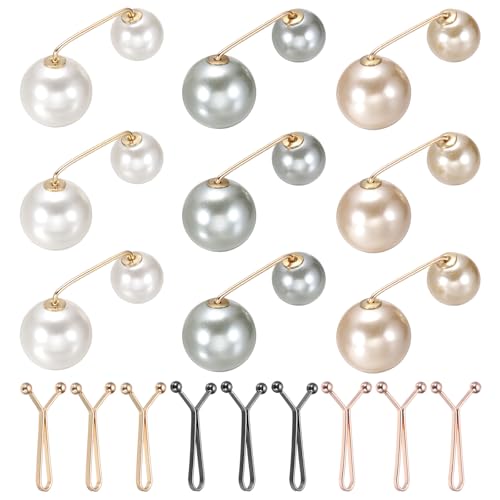 MECCANIXITY Artificial Pearl Brooch Pins, Safety Pins Sweater Shawl Clips for Women, Anti-Exposure Neckline Waist Adjuster for Scarf, T-Shirt, Pants,Multicolor 18pcs, 2 Styles - color: Black,gold,champagne