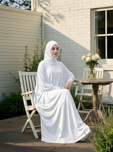 Women's Solid Muslim One-Piece Prayer Dress Abaya Kaftan with Hijab Full Length Dress - color: White