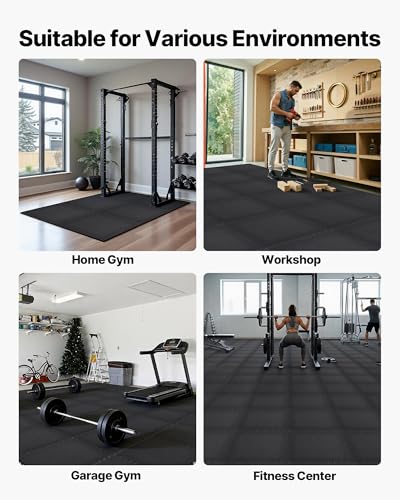 VEVOR 0.56Inch 48sq.ft 12 Tiles Gym Flooring for Home Gym, Rubber Top with High Density EVA Foam, 24 x 24In Gym Floor Exercise Equipment Mats, Interlocking Gym Mats, Puzzle Workout Mats, Black | Rubber Top with High Density EVA Foam, Lightweight Gym Floor