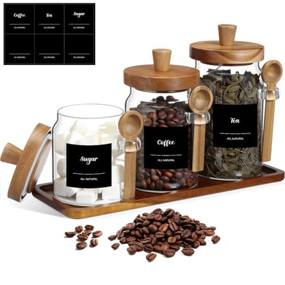 3 Pcs Glass Coffee Container with Wooden Lid Spoon Shelf Labels Clear Airtight Jar Food Storage Canister Set for Sugar Spice Coffee Bean Holder Housewarming Gift(13.5,20,25 oz,Acacia Brown) - size: 13.5,20,25 oz