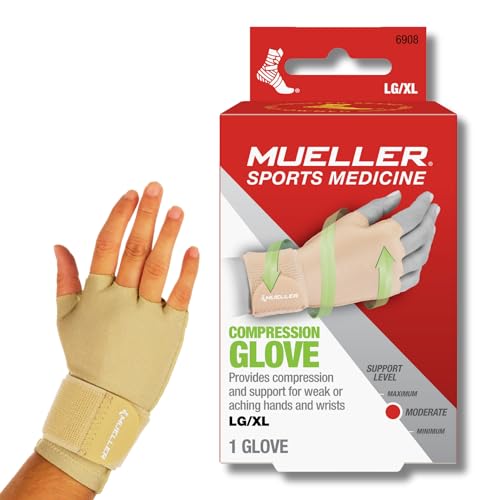 MUELLER Sports Medicine Compression Glove for Men and Women, Hand & Wrist Pain Relief Support, Ideal for Carpal Tunnel, Arthritis, Fits Right or Left, Beige - size: Large/X-Large