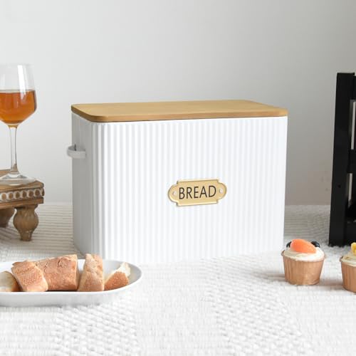 EMAX HOME Vertical Stripes Extra Large Space Saving Farmhouse Bread Box with Wood Lid - Holds 2 Loaves - White Vertical Breadbox Bread Storage Bin Holder for Kitchen Countertop - color: Vertical Grain Embossing